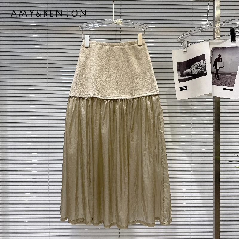 

Stylish Personality Splicing Fake Two-piece Design Women's Skirt 2026 Summer New Sweet Fashion Elastic Waist Long Skirts Ladies