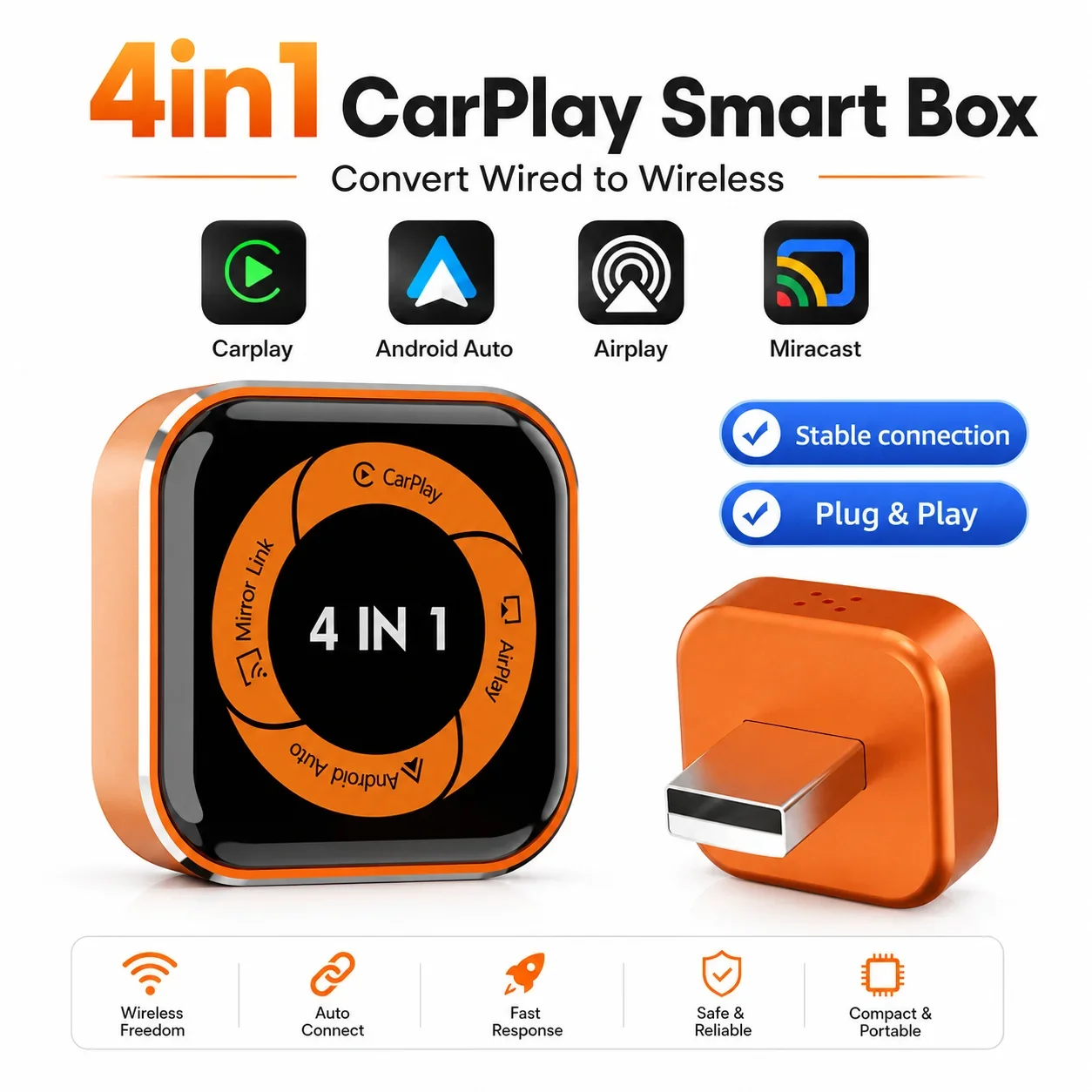 Image of 2026 CarRocke 4-in-1 Neuer E-Carplay-Adapter Kabelloses Android Auto Mirror Link Smart Mini AI Box USB Plug-and-Play Auto-Verbindung WLAN