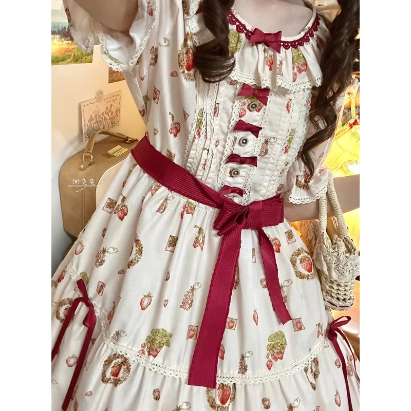 

Цияпонское элегантное ретро-платье с оборками и круглым вырезом, короткими рукавами, высокой талией, на шнуровке и бантом, тонкое платье трапециевидной формы с принтом в стиле Лолита, 20