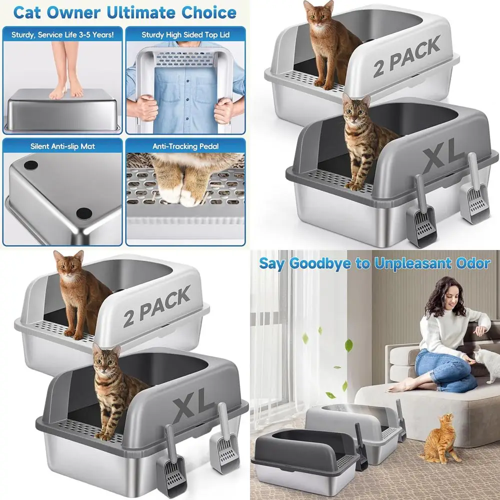 

Очень большой кошачий туалет XL из нержавеющей стали с крышкой, высокими бортиками, закрытый, не прилипает к поверхности, в комплекте совок, 24 дюйма (длина) x 16 дюймов (ширина) x 12 дюймов (высота)