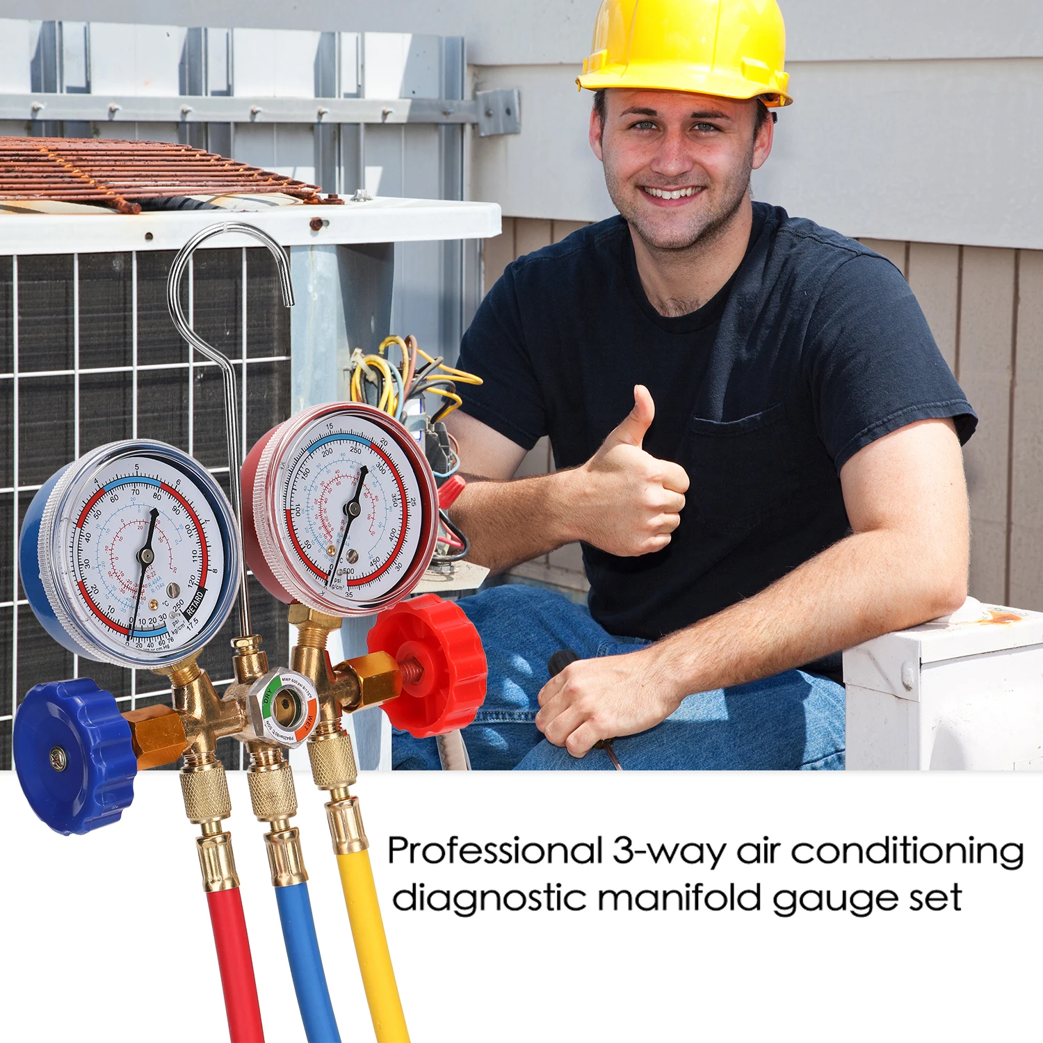 

Манометр хладагента, 3-ходовой диагностический коллектор для кондиционирования воздуха, набор манометров с резьбовым шлангом 1/4 дюйма для R134A R12 R22 R502