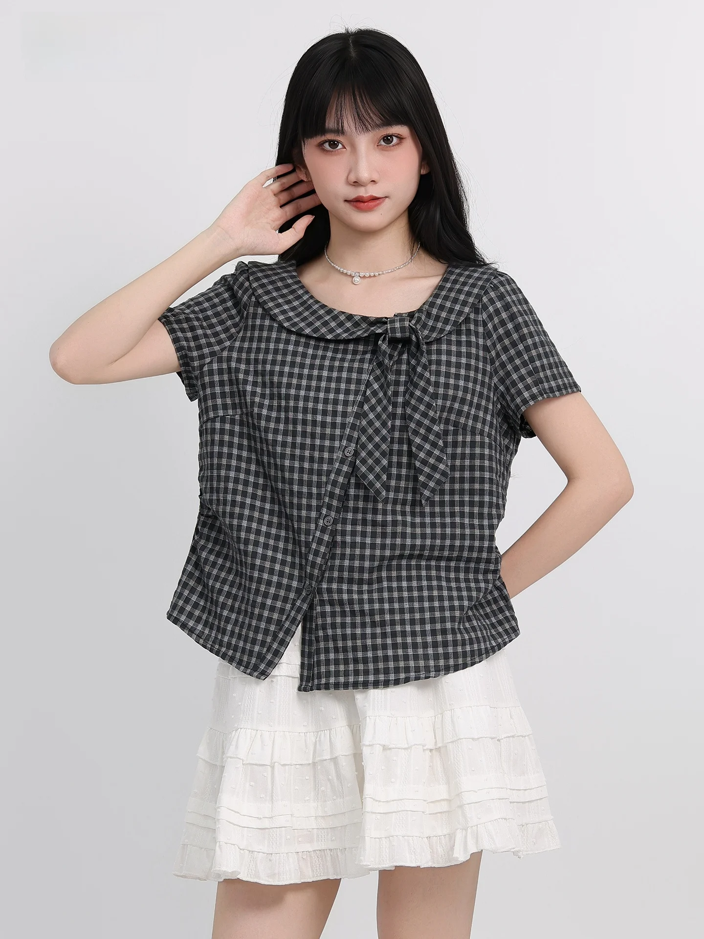 Collège coréen Sle Plaid irt femmes été nouveau ample polyvalent col de poupée cravate ort Sve irt trajet Sle rond Ne