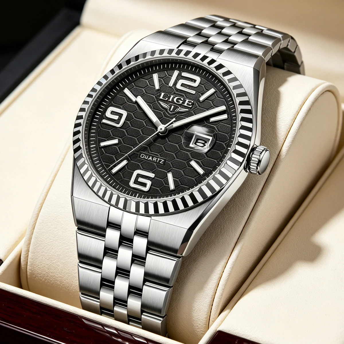 LIGE High Quality Original Men Clock Waterproof Luminous Date Luxury Man Watch Stainless Steel Quartz Men's Watches Male+Box