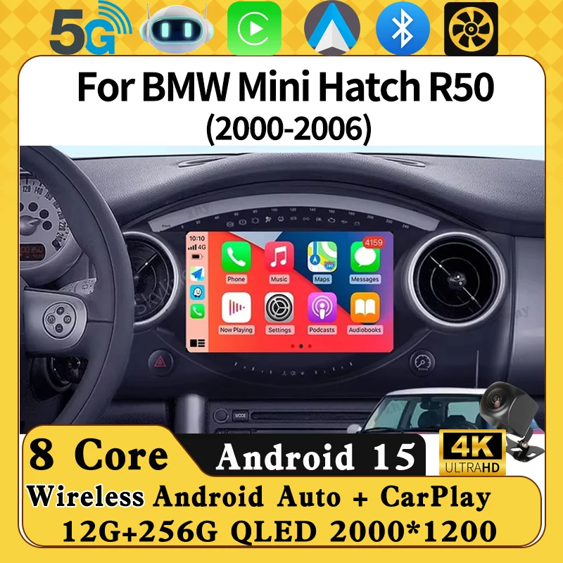 Android 16 Carplay Auto para BMW Mini Hatch R50 2000 - 2006, Radio para Auto, Reproductor Multimedia de Video, Navegación GPS, Sin 2Din, Sin DVD