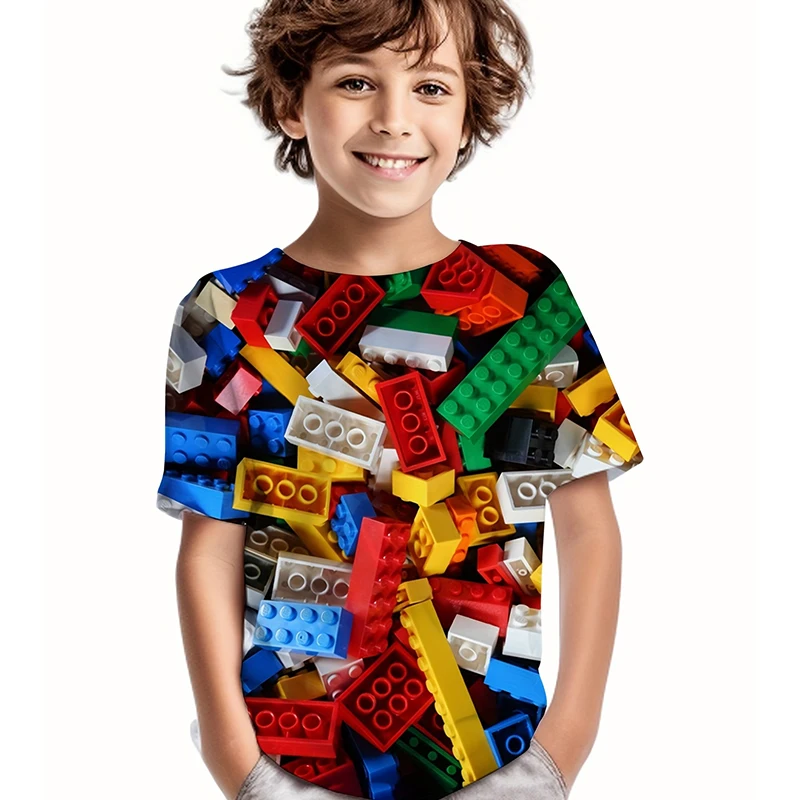 Kids T Shirt Building Blocks 3D Print Boy's T-shirt Casual Pullover Breathable Short Sleeve T-shirt For Boy Summer Tops Camiseta