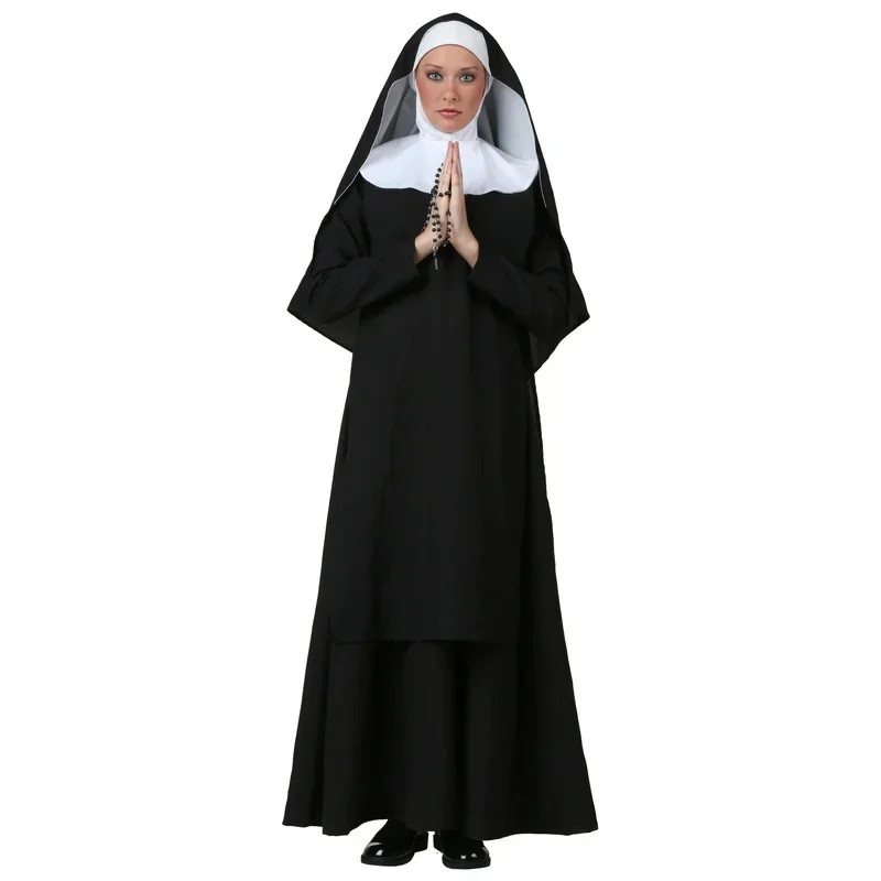 Nun Sister Habit Costume Halloween Women Christian Missionary Catholic Cosplay Carnival Fantasia Fancy Dress Balck Long Dress