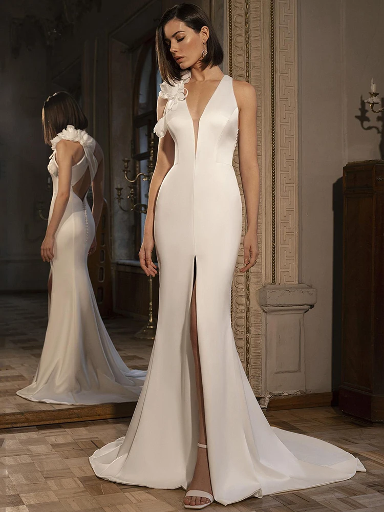 

Mermaid Wedding Dresses Deep V Neck 3D Flowers Front Split Sexy Wedding Gowns for Women 2025 Criss-Cross Trumpet Bridal Dress