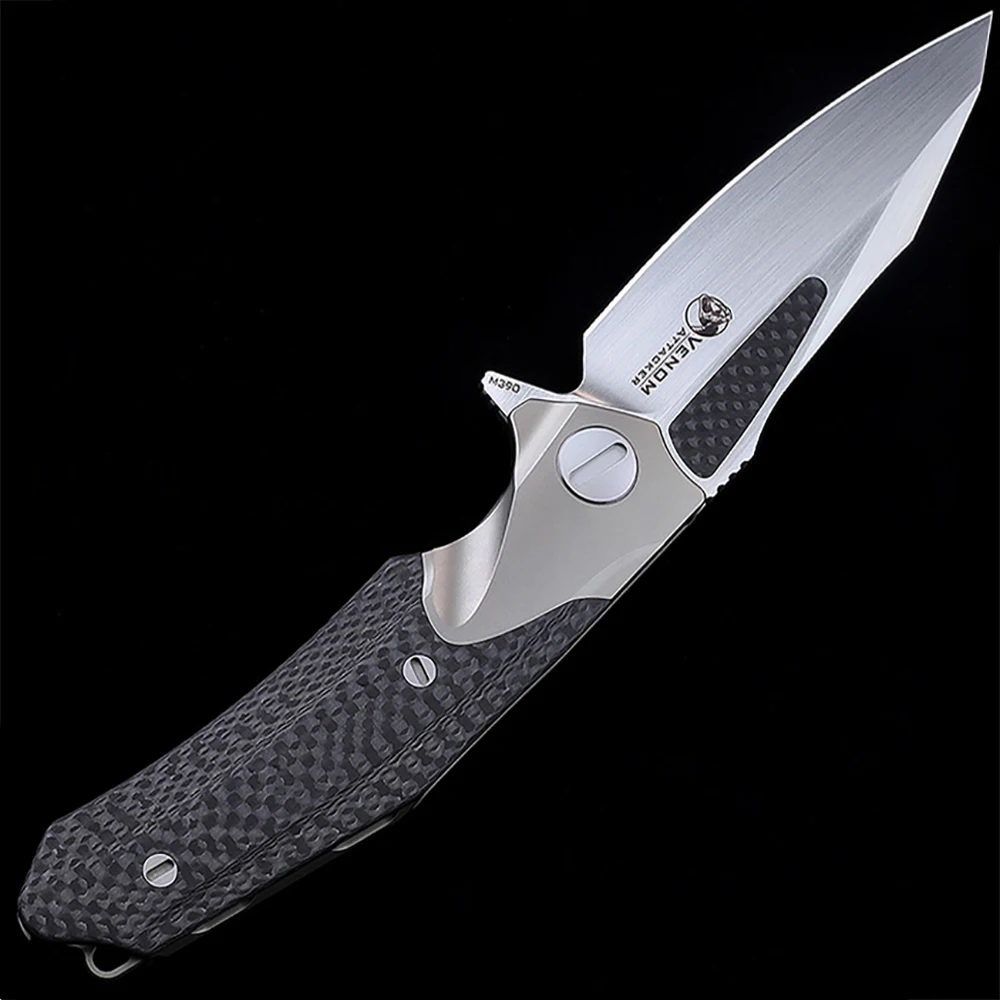 Tactical Knife Kevin Venom M390 Titanium Knife Handmade Wire Drawing Blade Carbon Fiber Handle Camping Survival Tools