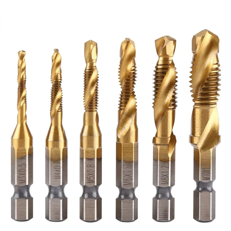 Vástago hexagonal de 6 piezas, rosca de tornillo HSS chapada en titanio, compuesto métrico, brocas de taladro, máquina de tornillo, M3, M4, M5, M8, M10, herramientas manuales