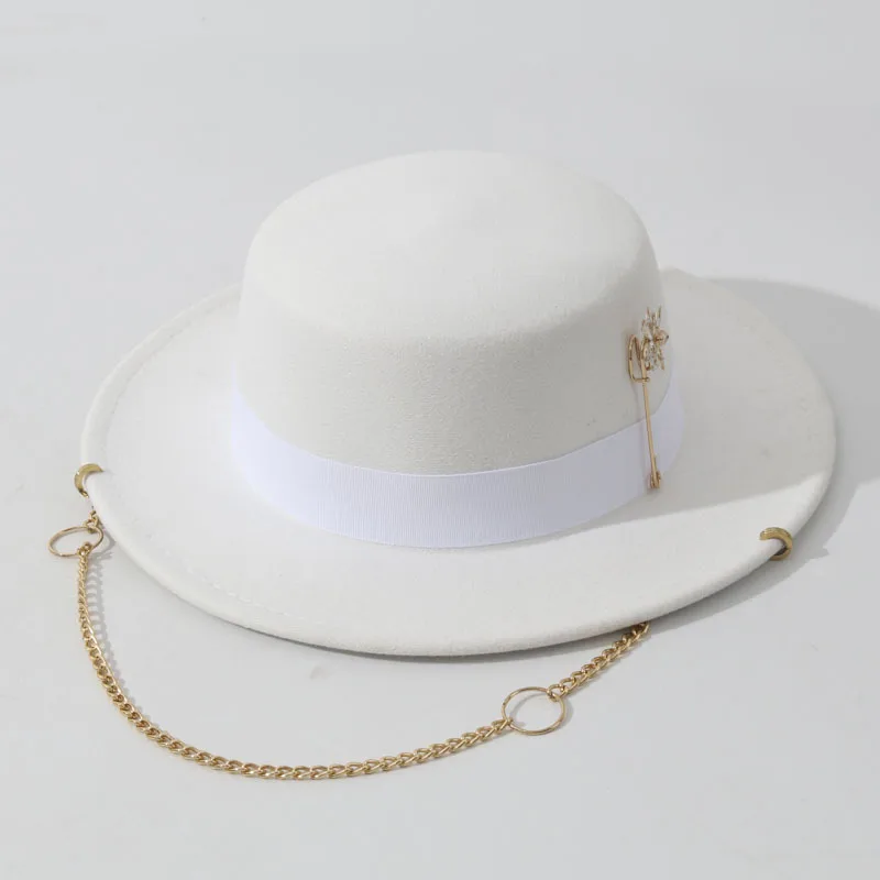 European and American winter women\'s felt hat French small fragrant style flat top hat British retro flower pin chain jazz hat