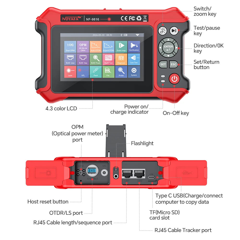 เครื่องทดสอบไฟเบอร์ออปติก NF-9816 Expert 16 in 1 OTDR 10G พร้อม OPM คู่, VFL, OLS, LS และอินเทอร์เฟซ RJ45 และ FC APC