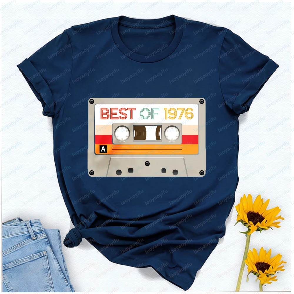 Best of 1976 Retro Cassette Tape T-Shirt Men's Navy Blue Graphic Tee Ideal 50th Birthday Gift for Him 70s Nostalgia Enthusiasts
