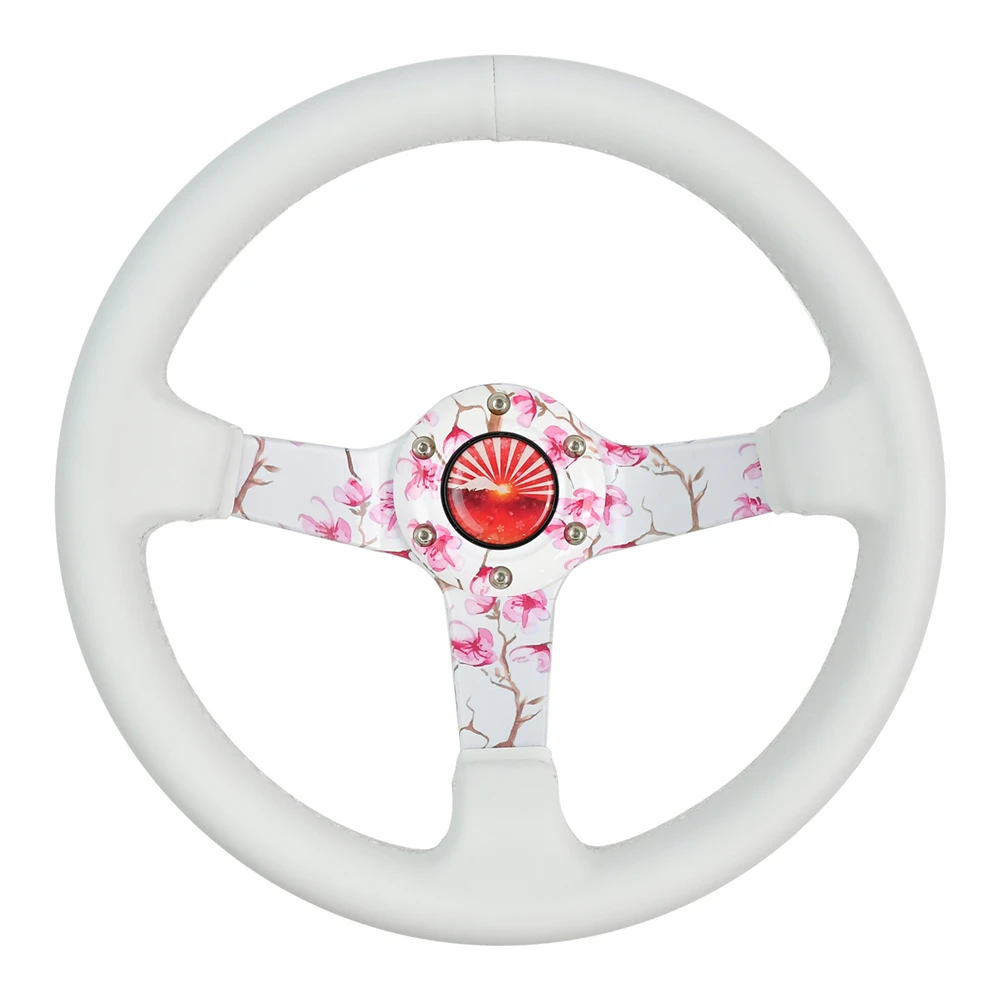 

Universal White Leather 320mm Sports Steering Wheel 85mm Deep Blossom Racing Steering Wheel for Pink Flowery