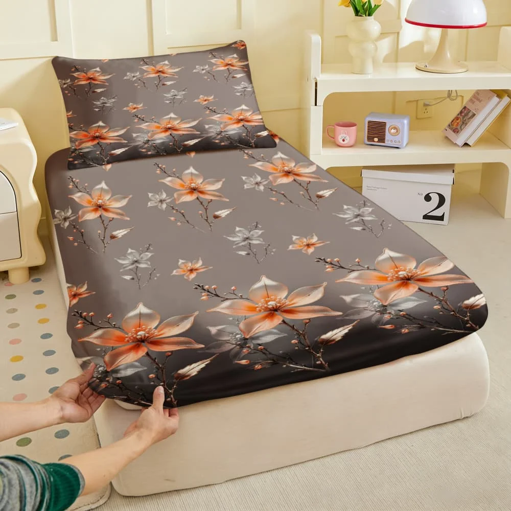 1pc Elegant Crystal Floral Print Fitted Sheet Deep Pocket Elastic Mattress Cover Single Double Queen King Bedroom Decor