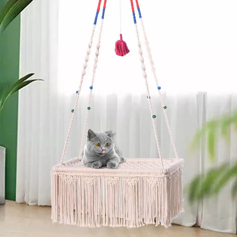 Pet Hammock Bed Macrame Wall Mounted Swing Boho Bed Hammock Space-Saving Cat Swing Macrame Cat Hammock For Small Cats Pets