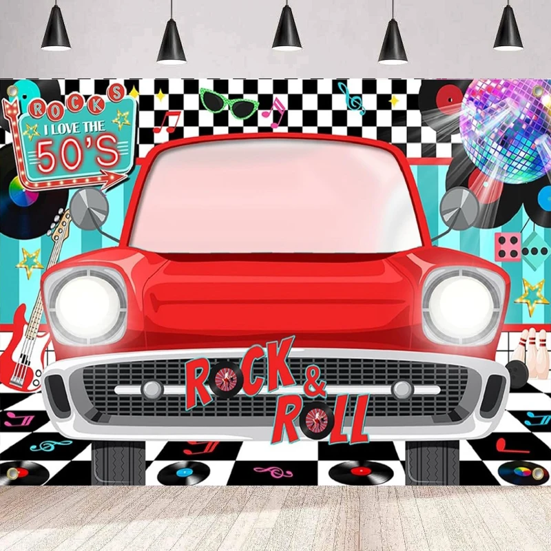 Photography Backdrop 50's Party Red Car Photo Banner 50's Rock And Roll Prop Back to 50's Birthday Party Background Wall Decor