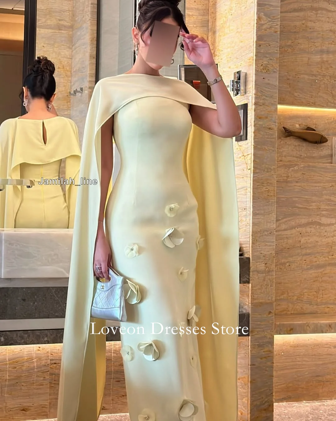 

Cape Sleeves Formal Evening Dresses Yellow Mermaid Crepe Satin فساتين سهرة Customized Elegant Prom Growns Party Women