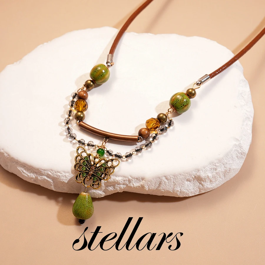 

Bohemian Ethnic Style Butterfly Leather Cord Necklace with Glass Beads and Teardrop Ceramic Beads, Women's Collarbone Necklace