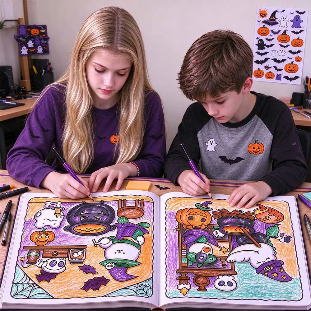 Cozy Halloween Coloring Book for Adults Teens, Cute Witch Crocodile & Pumpkin Art, Stress Relief Relaxing Pages, 21x21cm