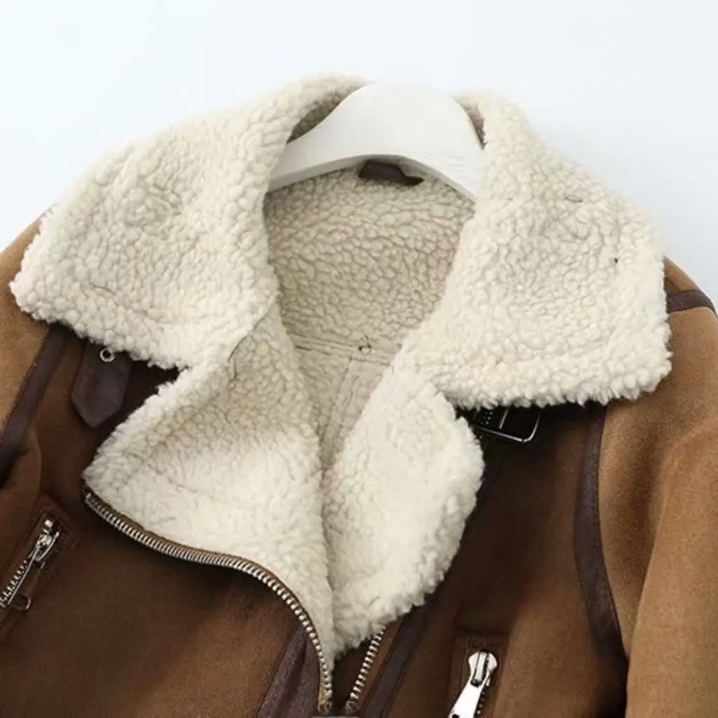 

Winter Casual Women's Motorcycle Jacket Slim Padded Short Leather Coat with Fur Collar European American Style Fashion