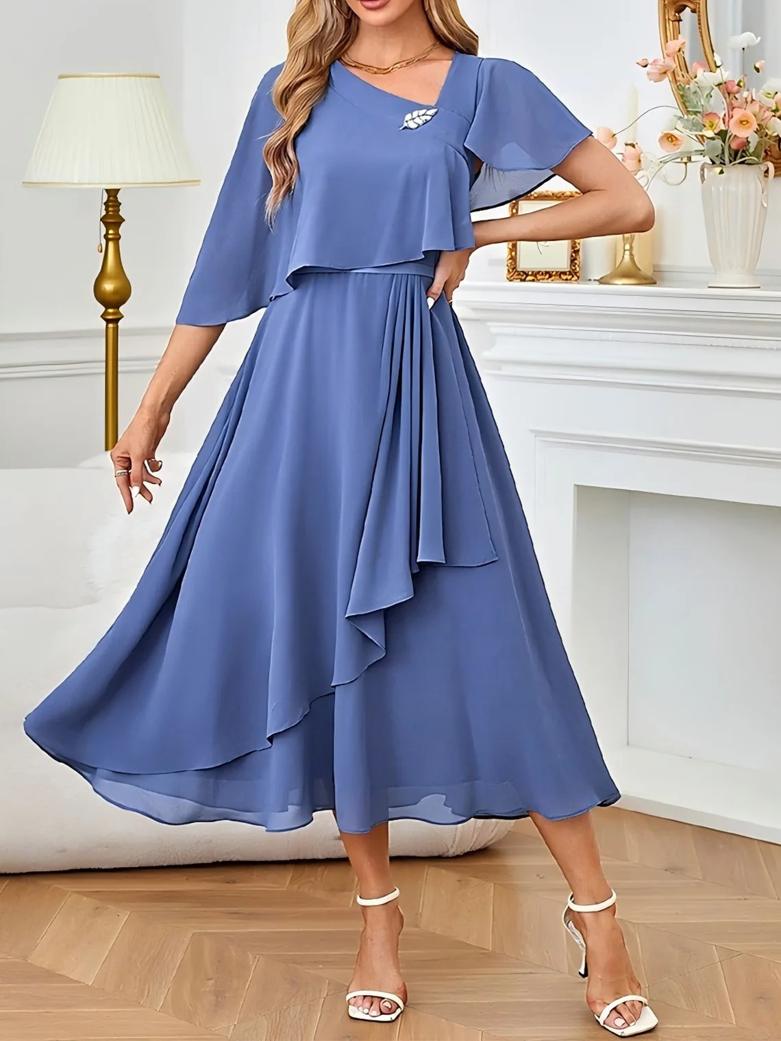

legant A-Line Prom Gown Concise Mother of the Bride Gown Tea Length Chiffon Short Sleeves Crystals Ruffles 2025 free customized