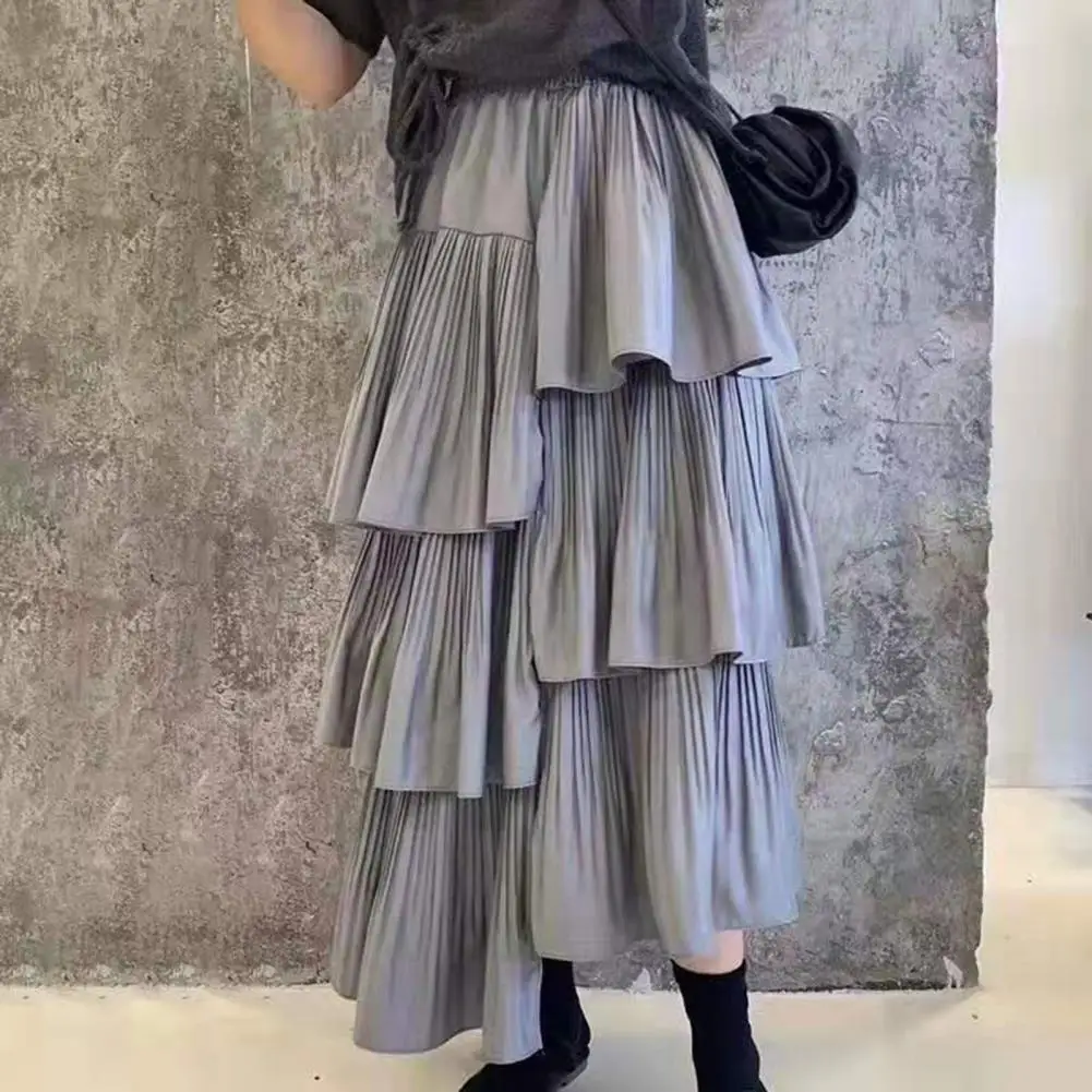 Cake Skirt Women Asymmetric Pleated Cake Skirt High Waist Long Skirt Elastic Waistband Women Ruffle Irregular Skirts Faldas