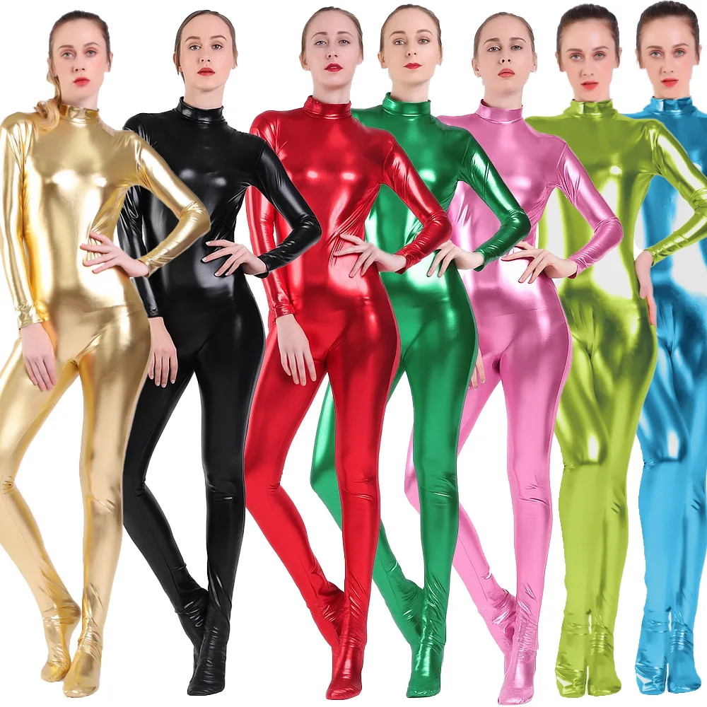 

Ladies Gold Emed Faux Leather Jumpsuit Foot Covering Tight Fit Performance Suit Large Size Zipper Ba Artistic Body ape
