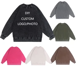 Vintage Washed Sweatshirt Custom Logo Cotton Mens Clothing Crew Neck Pullover Acid Wash DIY Logo/Text Print Sweatshirts