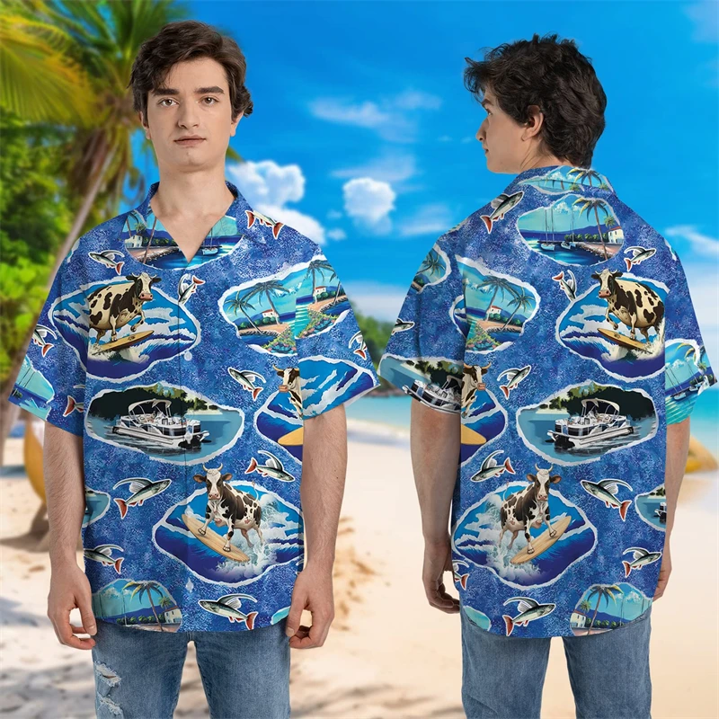 

Harajuku Fashion Hawaiian Cow Surfing 3D Printed Beach Shirts Casual Aloha Fish Graphic Short Sleeve Vacation Bison Blouses Tops