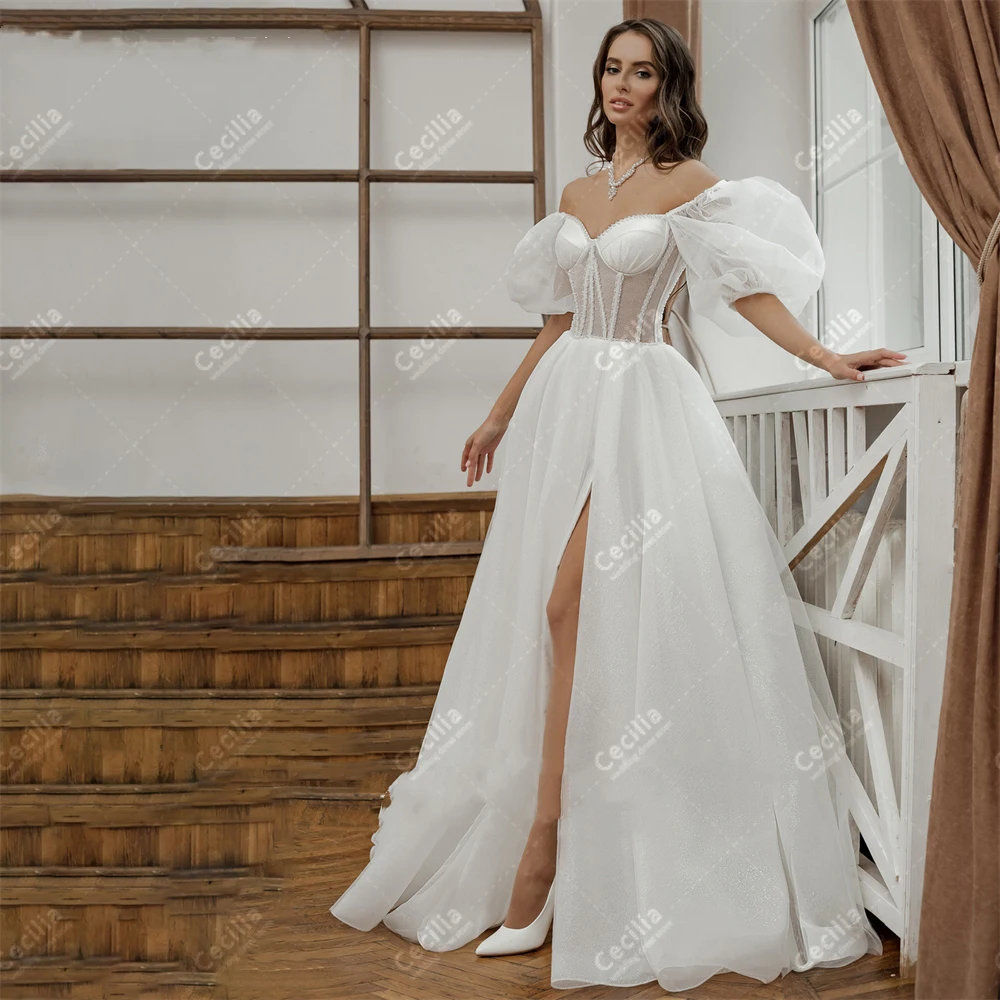 

Simple Tulle Wedding Dresses A-Line Elegant Bridal Gowns Sweetheart Backless Robes Puff Sleeves Glamorous Vestidos De Novia 2024