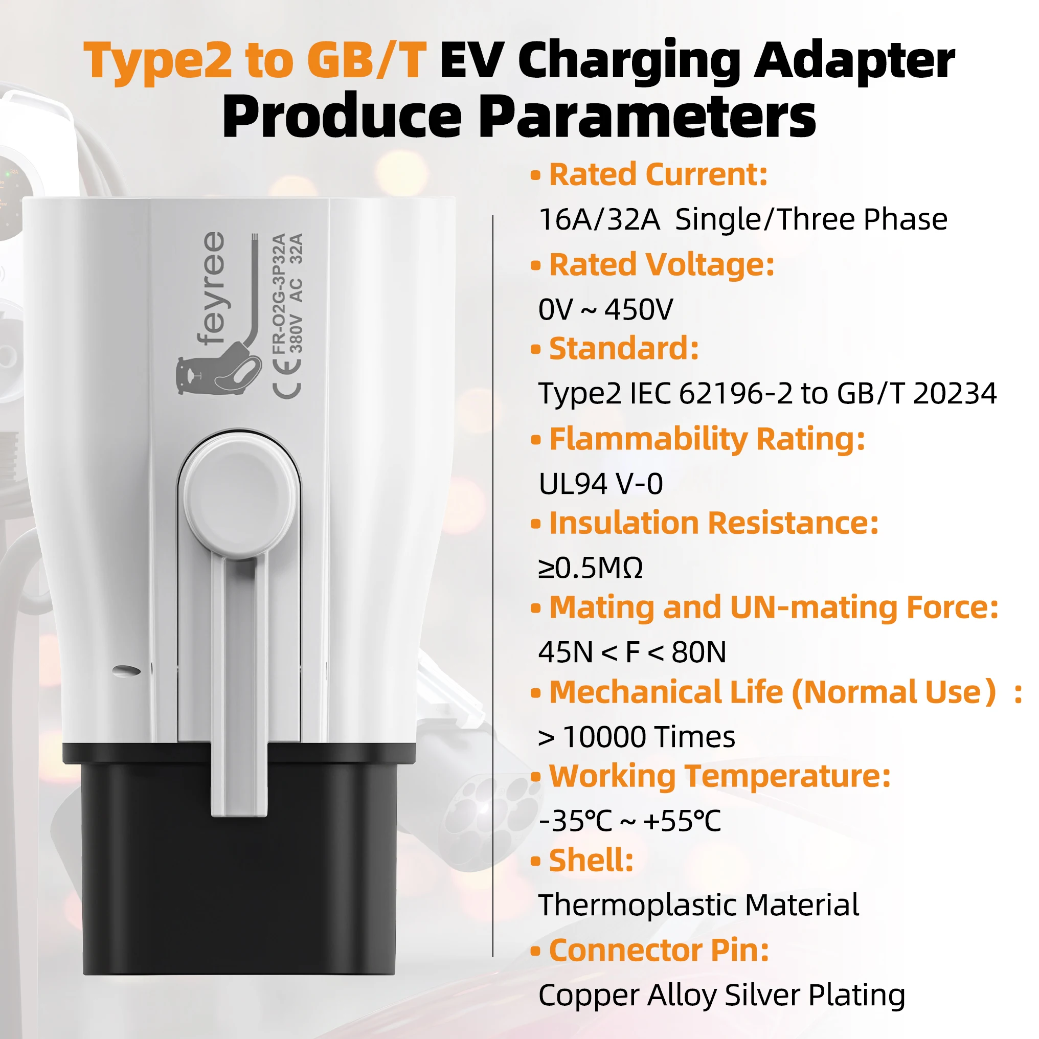 Адаптер зарядного устройства для электромобилей Feyree Type 2, конвертер IEC 62196-2 в ГБ/Т для стандартной зарядки электромобилей в Китае, разъем EV 16A 32A