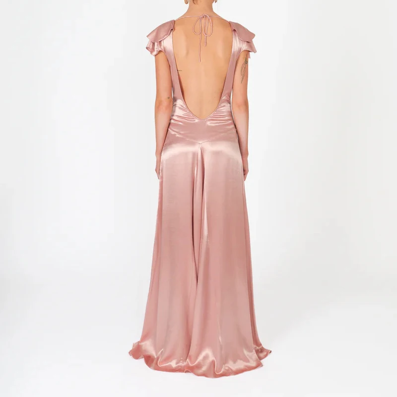 Sexy col en v drapé mince robe de soirée décontracté à volants manches dos nu solide robes robes femmes mode évider Satin longue robe