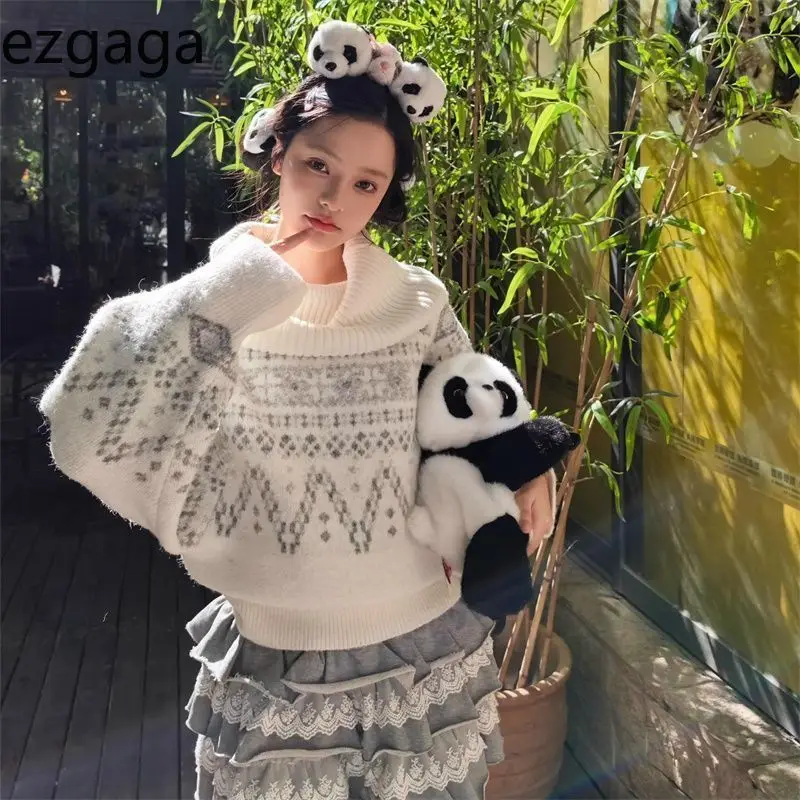 

Ezgaga вязаный свитер женский водолазка осень-зима 2025 свободная верхняя одежда модный винтажный свободный пуловер женский повседневный джемпер