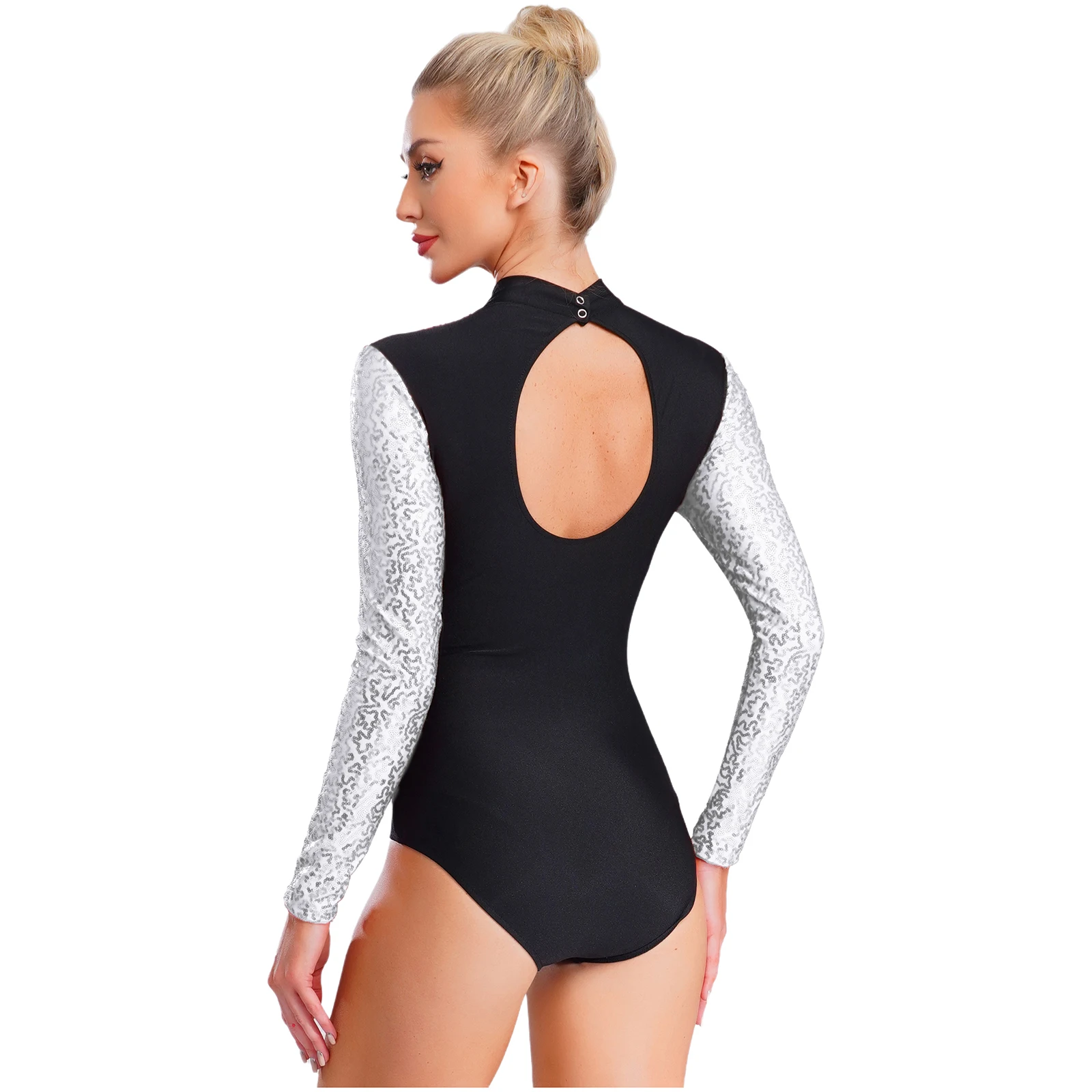 Women Rhythmic Gymnastic Leotard Costumes Stage Ballet Dance Jumpsuits Long Sleeve Glittery Sequin Bodysuit for Figure Skating