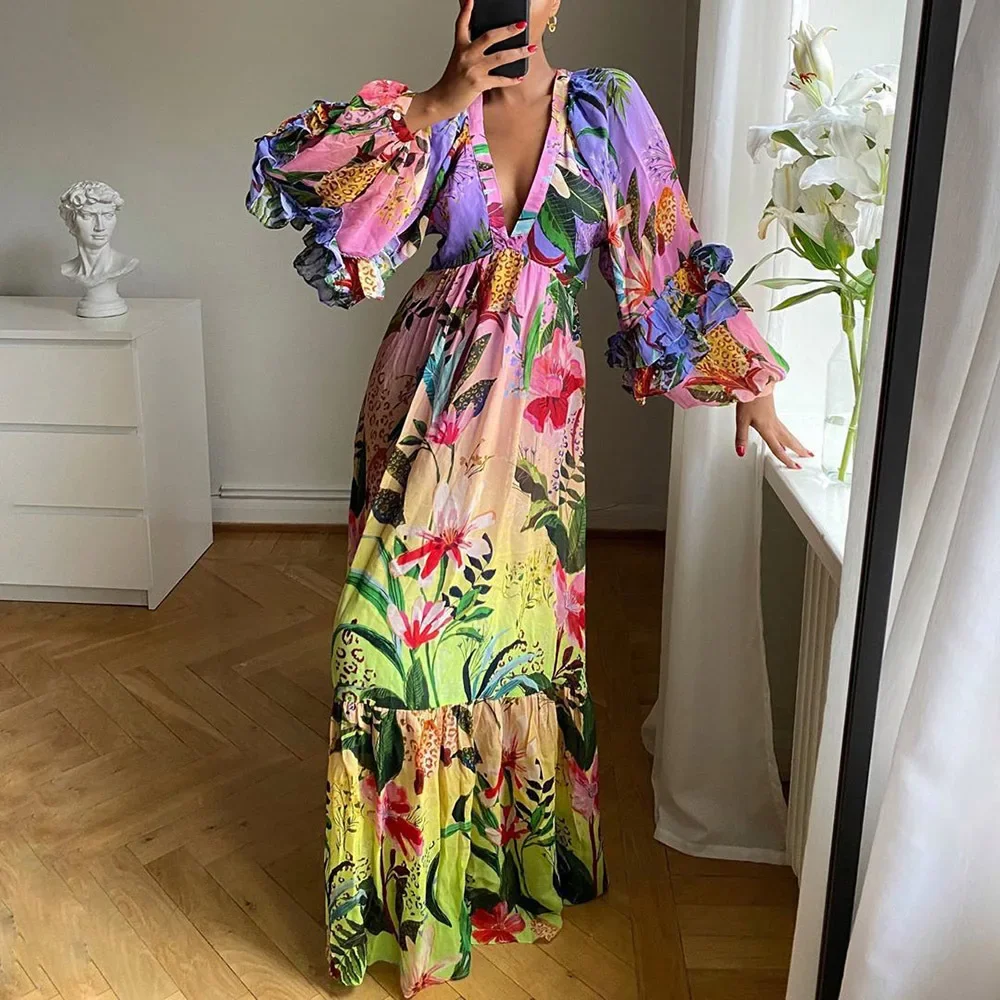 2024 New Fashion Charm Female Print Gradual Change Color Ruffle V Neck Sexy Thin Long Dress, Dress