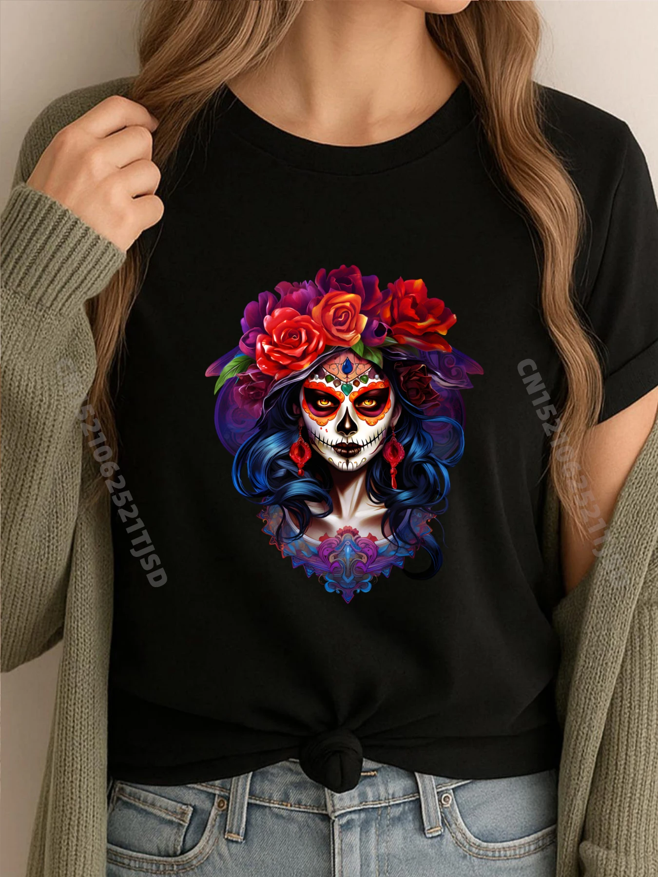 ديا دي لوس Muertos السكر الجمجمة كاترينا يوم الموتى الأحمر والأسود الجرافيك تي شيرت جديد القمصان والقمصان المتضخم