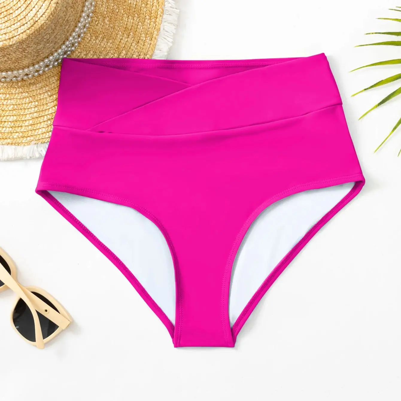 Women Swimming Shorts crossed waistband female beach shorts high-waist sexy bikini bottoms solid color
