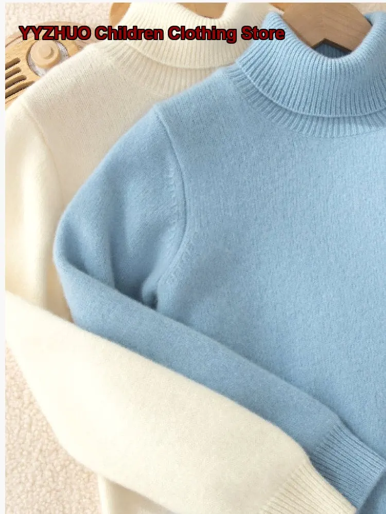 Kids Knit Top Double Strand Thickened Pure Cotton Knit Base Layer Top Girls Older Kids Fleece Lined