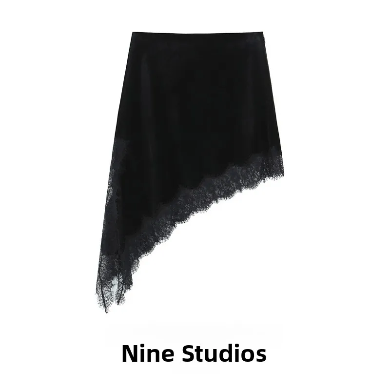 

Asymmetric Lace Velvet Patchwork High Waist Skirt ort Skirt f Body Skirt European Sle Ladies Casual Polyester