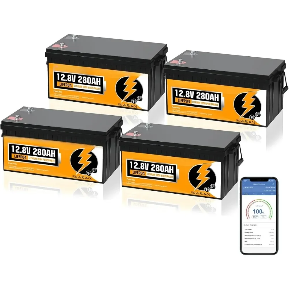 

48V 280Ah (4 Packs) LiFePO4 Lithium Battery with Bluetooth, Low-Temp Protection, 6000+ Deep Cycles, 14.34kWh Energy