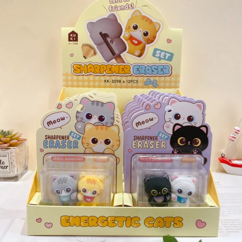 

12 set/lot Kawaii Cat Pencil Sharpener Eraser Set Cute Hand Mechanical Cutter Knife Stationery Gift School Supplies