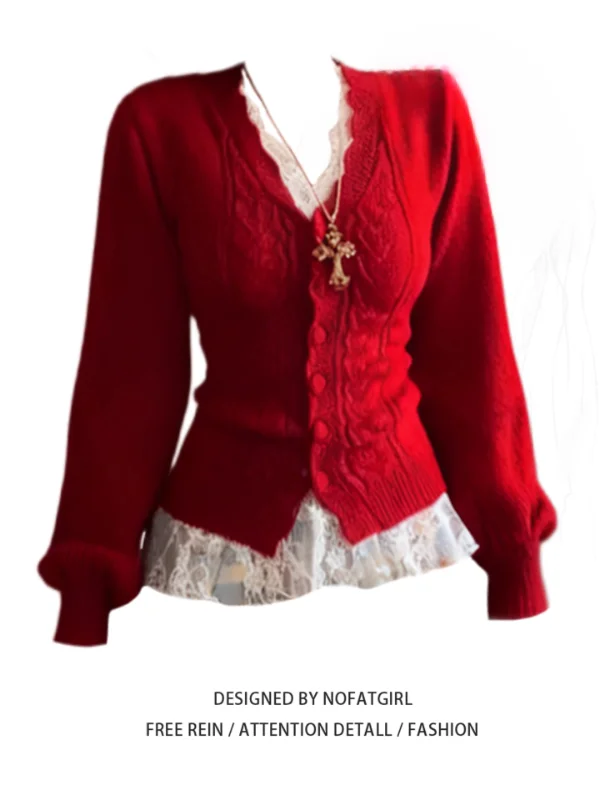 

Женский вязаный кардиган больших размеров с V-образным вырезом, красный, с узором косы, приталенный, осенне-зимний, новый, для повседневной носки, стандартный крой, длинный рукав