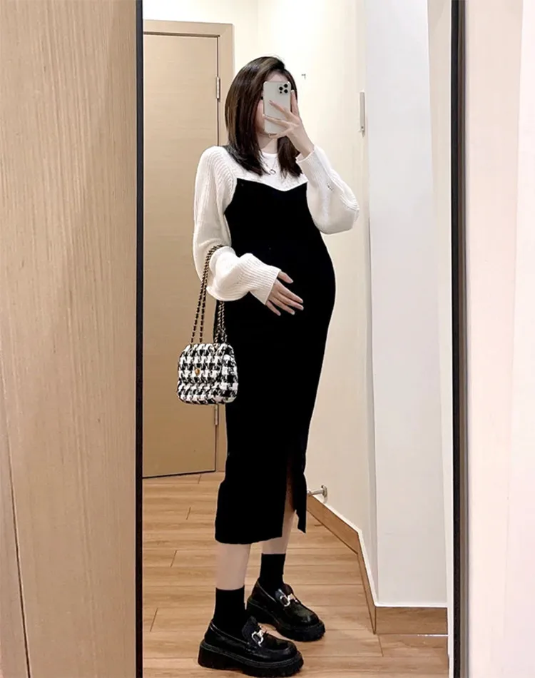 

Pregnant women's long sleeve autumn and winter temperament versatile sweater long skirt pregnant mother's skirt