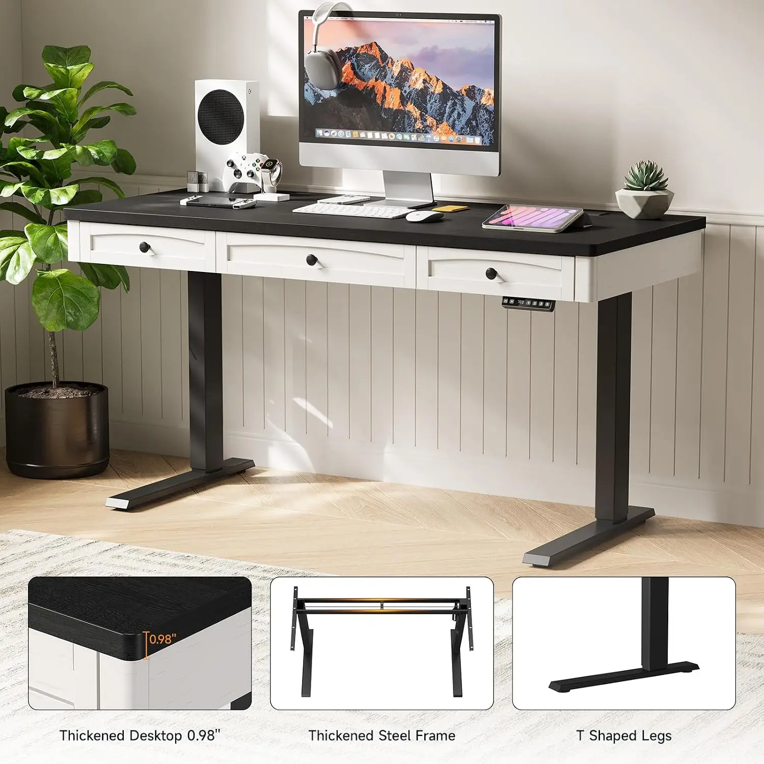 ONBRILL 55 x 24 Inch Electric Height-Adjustable Standing Desk, Vintage Barn-Style Home Office Desk with 3 Wooden Drawers, Reinforced T-Shaped Steel Frame, Built-In Power Outlets, 28-46 Inch Height Range