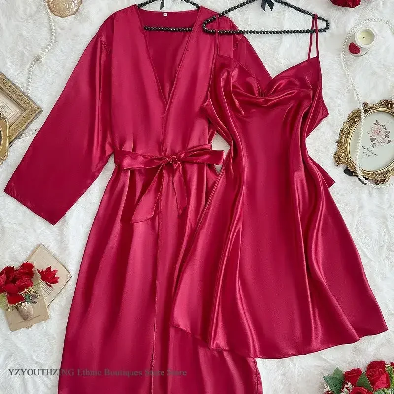 

Satin Long Robe Nightgown 2Pcs Set Large Size 5XL Female Elegant Bathrobe Nightdress Home Clothes Spring Summer Sleepwear Pajama