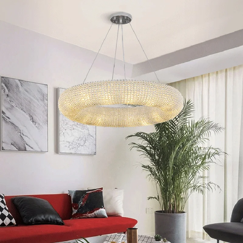 Rodada LED Lâmpada Pendurada para Sala e Quarto, Lustre De Luxo Moderno, Contas De Cristal, Luminárias Cromadas, Sala De Jantar, Decoração De Casa