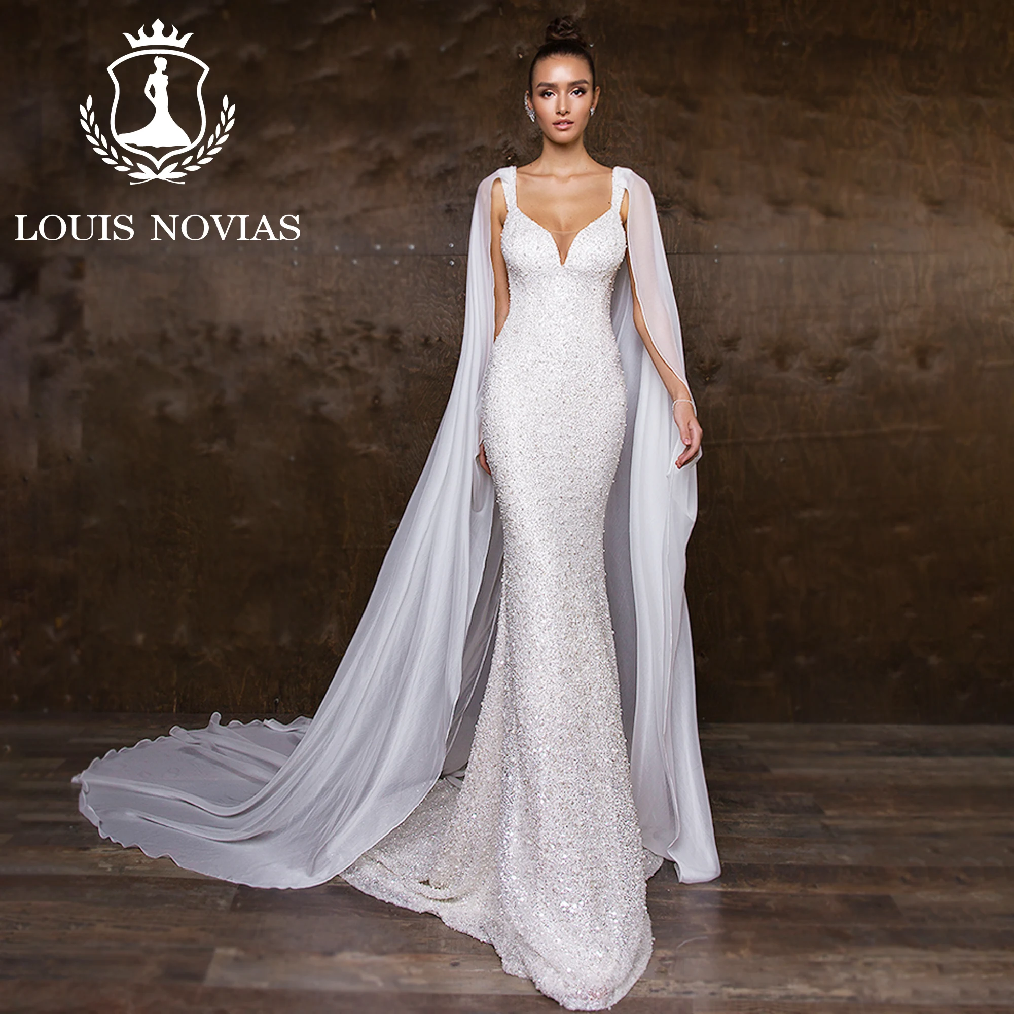 LOUIS NOVIAS Wedding Dress Mermaid Style 2023 Spaghetti Straps Mit Cape Crystal Glitter Wedding Gown Vestidos De Novia