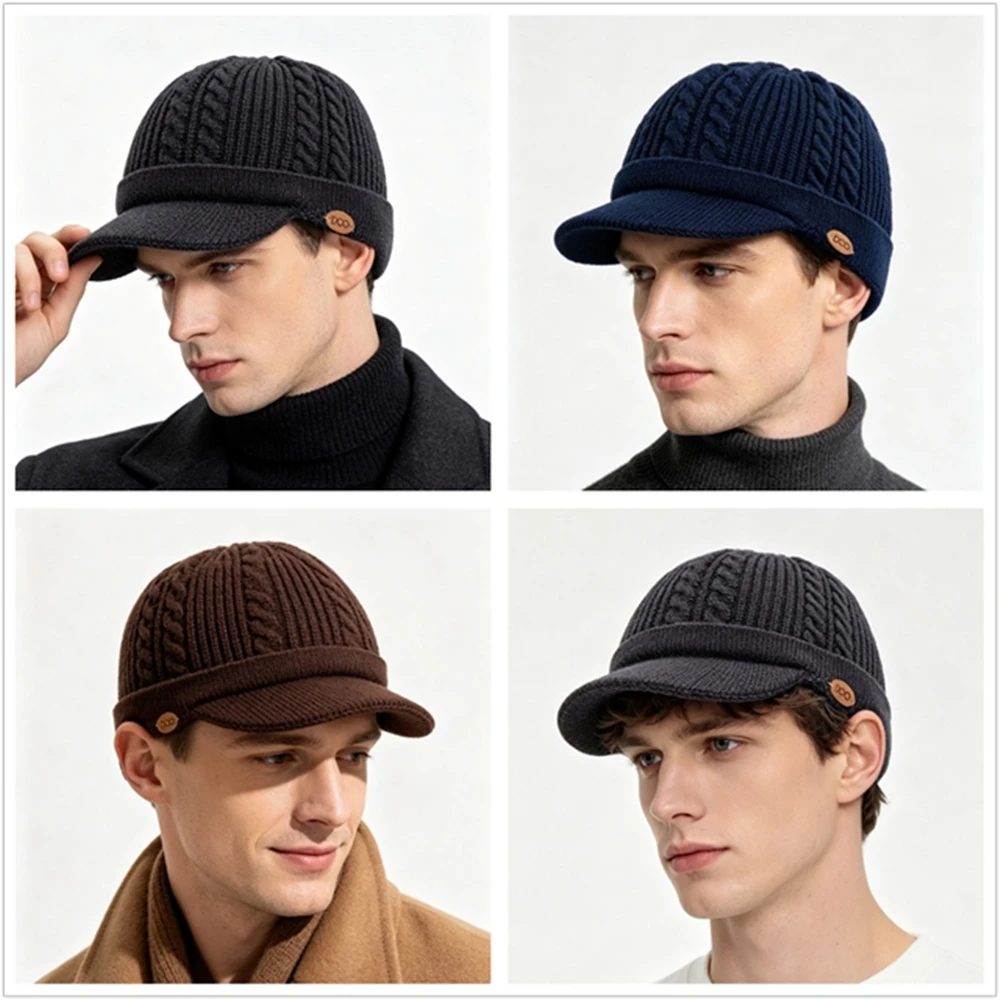Men’s Cable Knit Peaked Knit Cap, Short Brim Non‑Ear‑Covering Warm Knitted Hat For Fall Winter Casual Daily Wear
