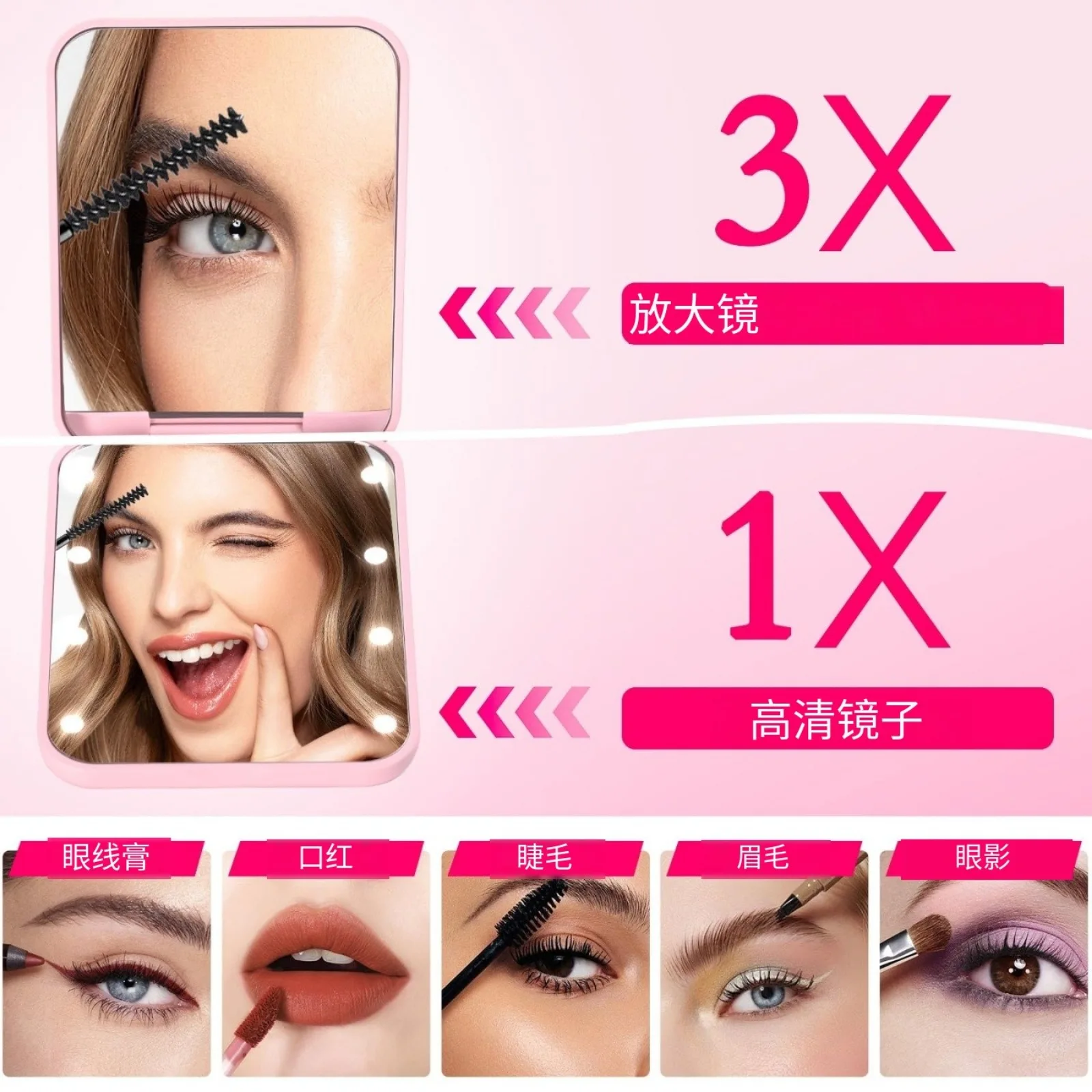 Mini compacte led-make-upspiegel met licht 3x vergrotende kleine zak Draagbare reis Roze Zwart Opvouwbare cosmetische make-upspiegels