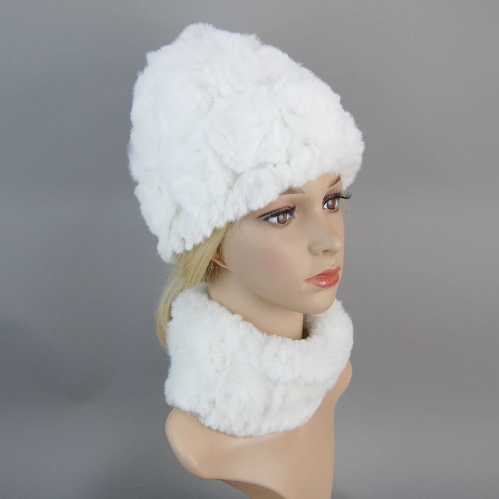 Fashion Girl Fur Cap Lady Winter Natural Real Rex Rabbit Fur Hat Scarf Suit High Quality Women 100% Genuine Fur Hat